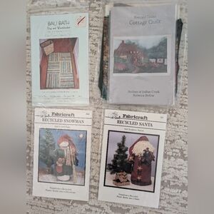4 Vtg Pattern Bundle -Cottage Quilt Kit , Santa, Snowman, Bali rug/wastepaper
